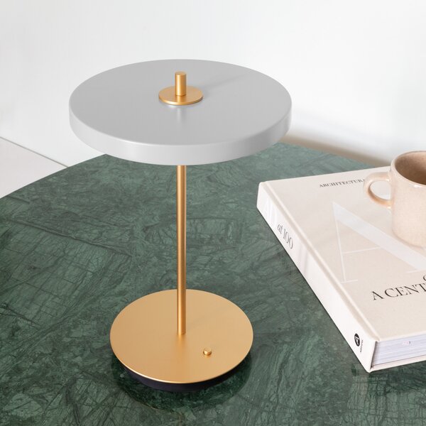 UMAGE LED stolna lampa na baterije Asteria Move maglovito siva/mesingana 31 cm, prigušiva, Sivo, Dnevni boravak/blagovaonica, Metal