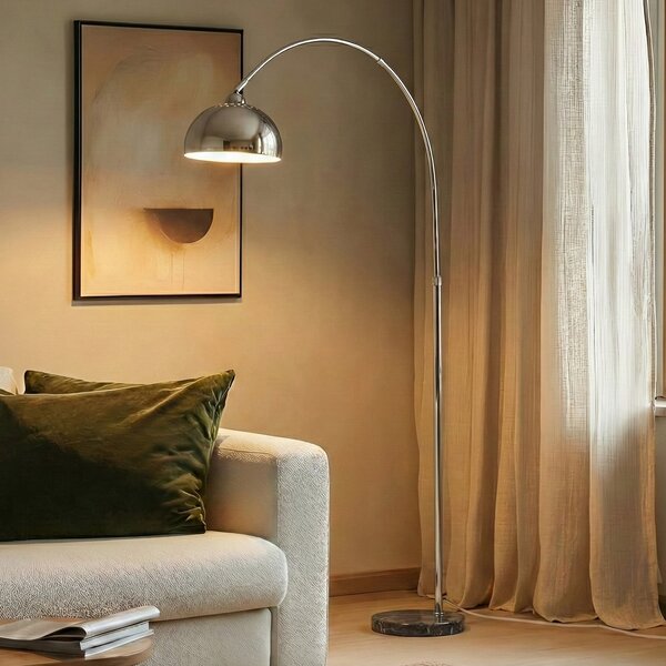 Lindby Tonka podna lampa, krom, metal/mramor, 185 cm, E27, Metalik, Dnevni boravak/blagovaonica, Metal
