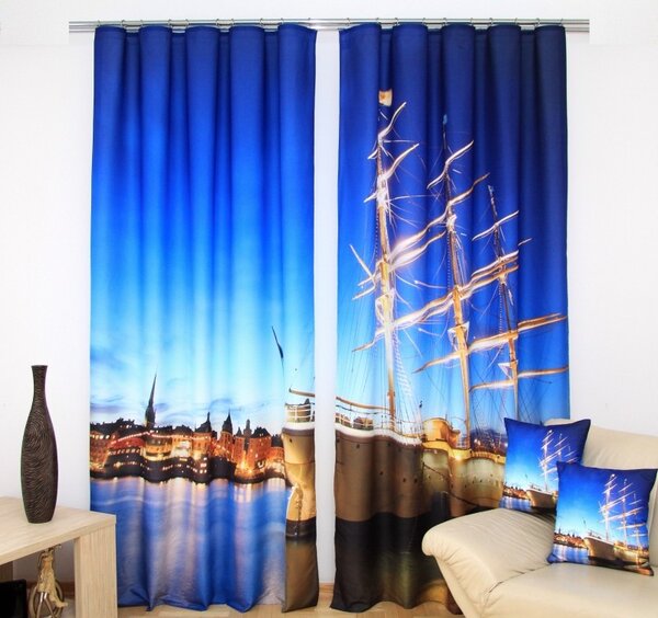 Plave zavjese za spavaću sobu s motivom luksuznog broda Širina: 160 cm | Duljina: 250 cm (u kompletu se nalaze 2 komada)