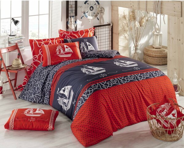 Crveno-tamno plava pamučna posteljina za krevet za jednu osobu 140x200 cm Marine – Mijolnir