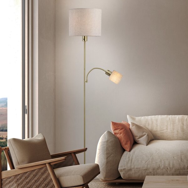Näve Filomena podna lampa, bež/mesing, tekstil, krak za čitanje, E27, E14, Bež, Dnevni boravak/blagovaonica, Tkanina / tekstil, Svjetlo za čitanje
