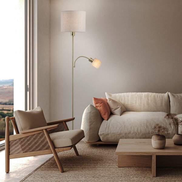 Näve Filomena podna lampa, bež/mesing, tekstil, krak za čitanje, E27, E14, Bež, Dnevni boravak/blagovaonica, Tkanina / tekstil, Svjetlo za čitanje