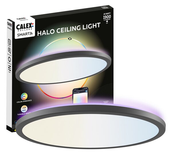 Calex Pametna LED stropna svjetiljka HALO Ø 40cm crna IP54 RGB CCT, prigušiva, Crno, Dnevni boravak/blagovaonica, Plastika