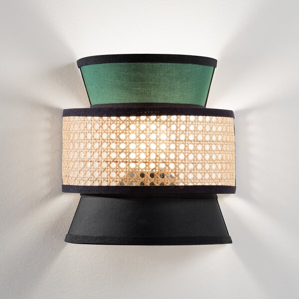 Luce Ambiente Design Zidna lampa Gazebo, zelena/crna/prirodna, 24 cm, tkanina/ratan, prigušiva, Zelena, Dnevni boravak/blagovaonica, Tkanina / tekstil