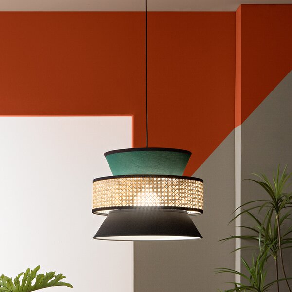 Luce Ambiente Design Viseća lampa za sjenicu, zelena/crna/prirodna, Ø 40 cm, tkanina/ratan, prigušiva, Zelena, Dnevni boravak/blagovaonica, Tkanina / tekstil