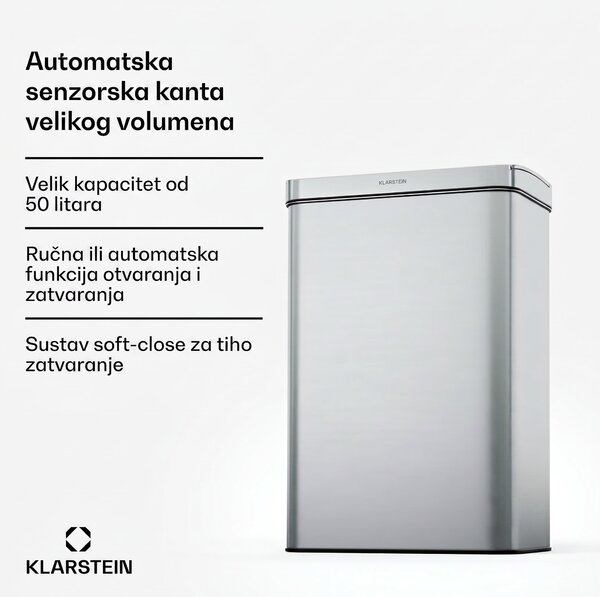 Klarstein Bez dodira, kanta za otpatke na senzor, 50 l, nehrđajući čelik, Soft-Close zatvaranje, baterijsko napajanje, LED zaslon, timer