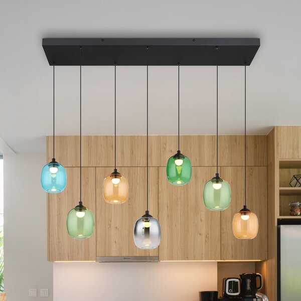 Globo Minara LED viseća svjetiljka, 7 žarulja, duljina 102 cm, šarena, staklo, Višebojno, Dnevni boravak/blagovaonica, Metal