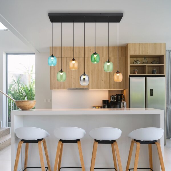 Globo Minara LED viseća svjetiljka, 7 žarulja, duljina 102 cm, šarena, staklo, Višebojno, Dnevni boravak/blagovaonica, Metal