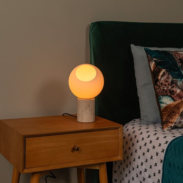 Lucide Stolna lampa Davin, visina 26 cm, krem/bijela, kamen/staklo, Bež, Dnevni boravak/blagovaonica, Kamen
