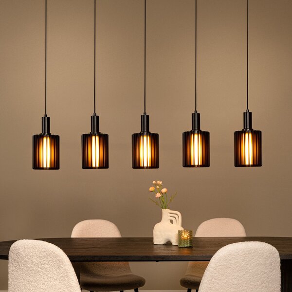 Lucide Viseća lampa Lambres, crna, duljina 164 cm, staklo/metal, 5 žarulja., prigušiva, Crno, Dnevni boravak/blagovaonica, Staklo