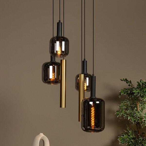Lucide Viseća lampa Joanet, Ø 65 cm, dimljena/mesingana staklo/metal, 6 žarulja., prigušiva, Sivo, Dnevni boravak/blagovaonica, Staklo