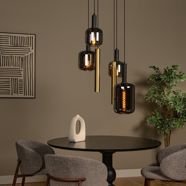 Lucide Viseća lampa Joanet, Ø 65 cm, dimljena/mesingana staklo/metal, 6 žarulja., prigušiva, Sivo, Dnevni boravak/blagovaonica, Staklo