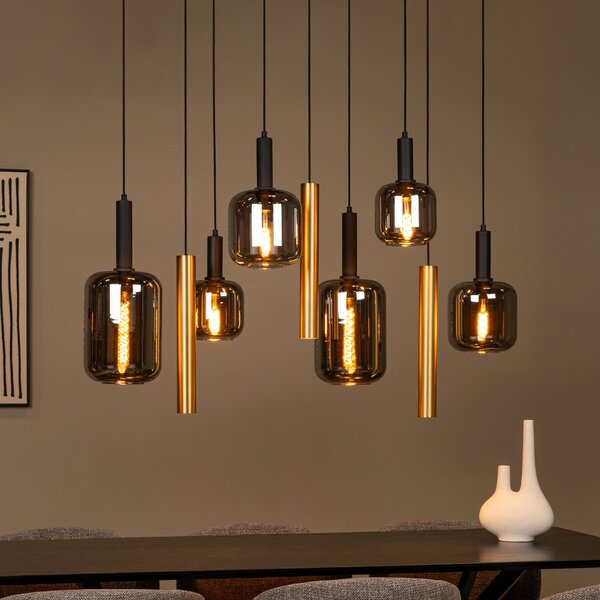 Lucide Viseća lampa Joanet, duljina 130 cm, dimljena/mesingana, staklo, 9 žarulja., prigušiva, Sivo, Dnevni boravak/blagovaonica, Staklo