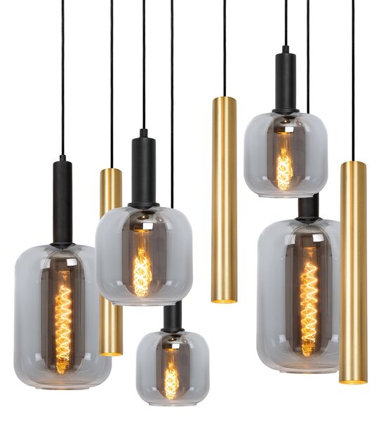 Lucide Viseća lampa Joanet, duljina 130 cm, dimljena/mesingana, staklo, 9 žarulja., prigušiva, Sivo, Dnevni boravak/blagovaonica, Staklo