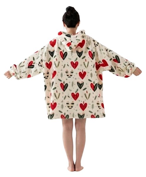 Topla deka s imitacijom ovčjeg krzna, s rukavima i kapuljačom WINTER HEARTS, šarena