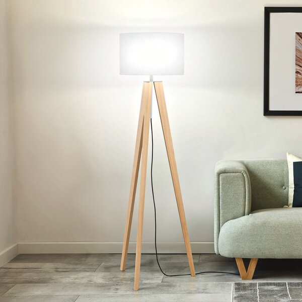 FISCHER & HONSEL SHINE-WOOD podna lampa, bijela/nikal/hrast, visina 164 cm, 3 x E27, Bijela, Dnevni boravak/blagovaonica, Tkanina / tekstil, tronožac
