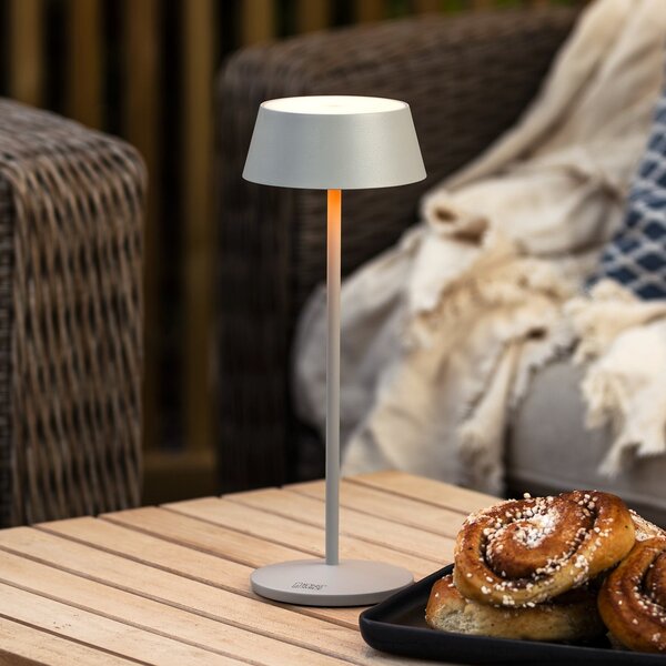 Konstsmide Menton LED punjiva stolna lampa, siva, visina 27 cm, IP54, USB, prigušiva, Sivo, Dnevni boravak/blagovaonica, Metal
