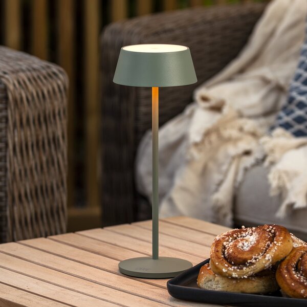 Konstsmide Menton LED punjiva stolna lampa, zelena, visina 27 cm, IP54, USB, prigušiva, Zelena, Dnevni boravak/blagovaonica, Metal