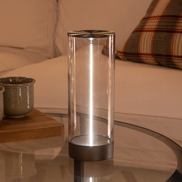 Konstsmide LED punjiva stolna lampa Edison, visina 24 cm, siva/prozirna, IP54, prigušiva, Providna, Dnevni boravak/blagovaonica, Plastika