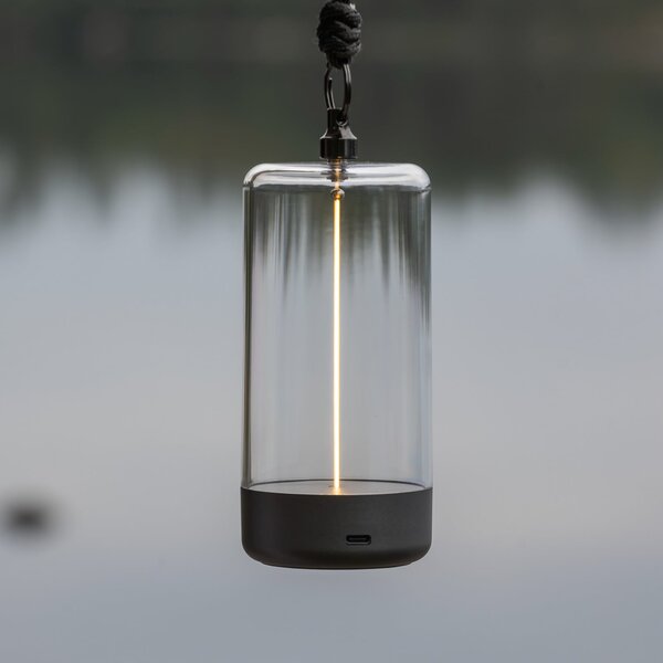 Konstsmide Edison LED punjiva stolna lampa, visina 15 cm, siva/prozirna, IP54, prigušiva, Providna, Dnevni boravak/blagovaonica, Plastika