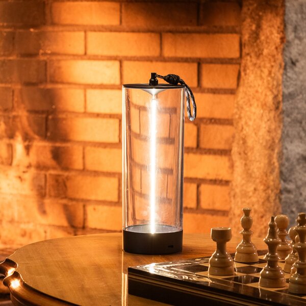 Konstsmide LED punjiva stolna lampa Edison, visina 24 cm, siva/prozirna, IP54, prigušiva, Providna, Dnevni boravak/blagovaonica, Plastika