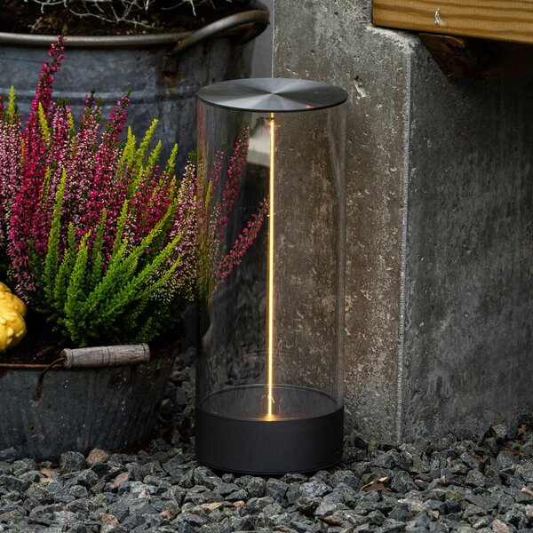 Konstsmide Edison LED punjiva stolna lampa, visina 32 cm, siva/prozirna, IP54, prigušiva, Providna, Dnevni boravak/blagovaonica, Plastika