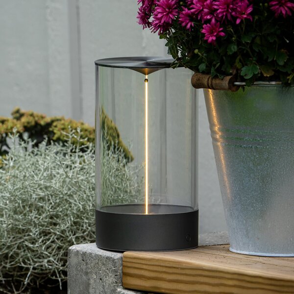 Konstsmide Edison LED punjiva stolna lampa, visina 23 cm, siva/prozirna, IP54, prigušiva, Providna, Dnevni boravak/blagovaonica, Plastika