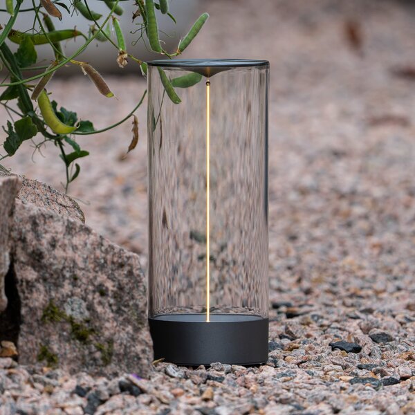 Konstsmide Edison LED punjiva stolna lampa, visina 32 cm, siva/prozirna, IP54, prigušiva, Providna, Dnevni boravak/blagovaonica, Plastika