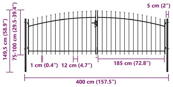 Vrata ograde WOERDEN 400 x 150 cm Čelik Siva Može se zaključati - 400 x 100 cm Crna