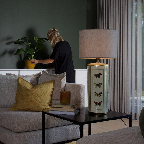 PR Home Stolna lampa Lucca, bež, visina 67 cm, lanena tkanina, keramika, Bež, Dnevni boravak/blagovaonica, Tkanina / tekstil