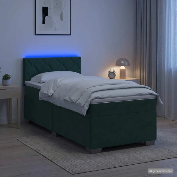 Krevet s box springom madracem i LED-om Tamnozelena Baršun - Tamnozelena 90 x 200 cm Dizajn s rombovima