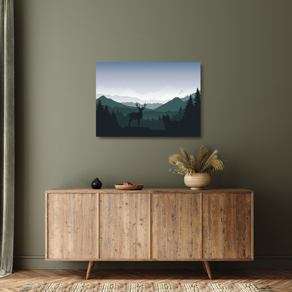 Staklena slika - Jelen z volkom v skalah (70x50 cm)