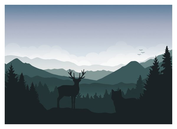 Staklena slika - Jelen z volkom v skalah (70x50 cm)