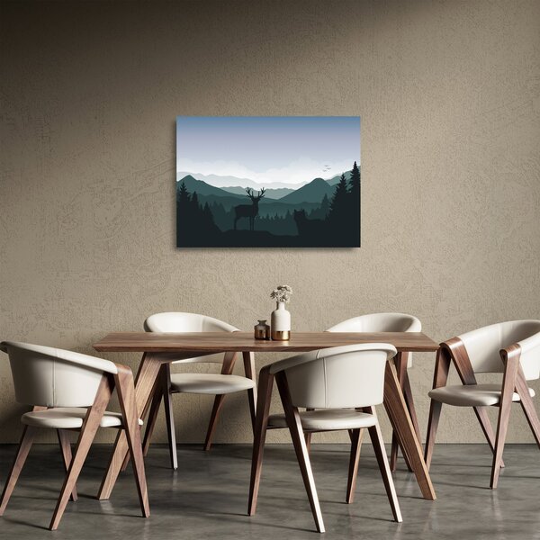 Staklena slika - Jelen z volkom v skalah (70x50 cm)