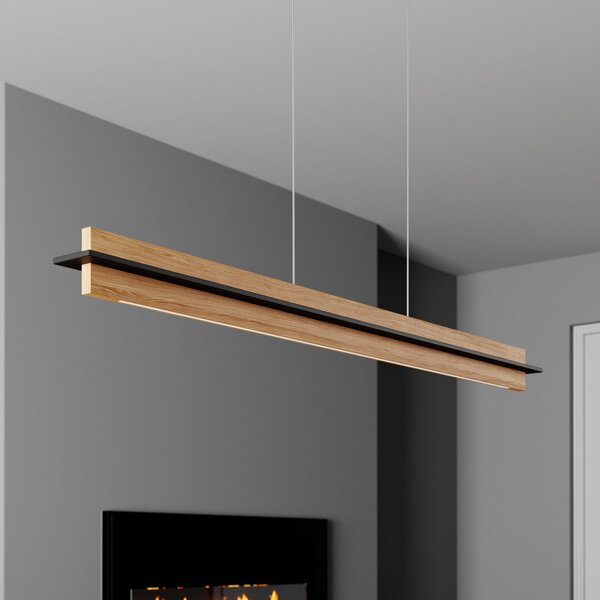 Quitani LED visilica Lexa, hrast/crna, dužina 118 cm, prigušiva, Drvo, Dnevni boravak/blagovaonica, Drvo