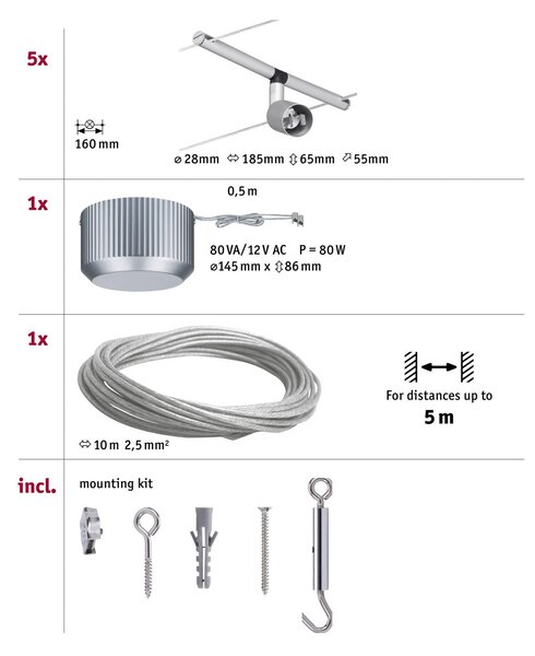 Paulmann Spice Salt LED kabelski sustav, 5 svjetala, 10m, Sivo, Dnevni boravak/blagovaonica, Metal