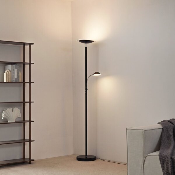 Lindby LED podna lampa Malea, crna, za čitanje, prigušljiva, prigušiva, Crno, Dnevni boravak/blagovaonica, Metal, Svjetlo za čitanje