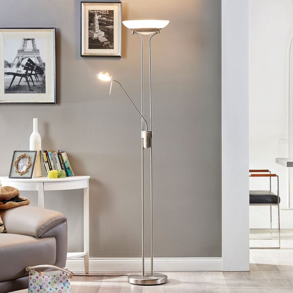 Lindby LED podna lampa Yveta, boja nikla, metalna, prigušiva, prigušiva, Metalik, Dnevni boravak/blagovaonica, Metal, Svjetlo za čitanje
