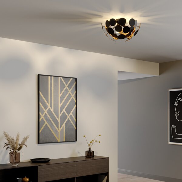 Lindby stropna lampa Kinan, Ø 54 cm, crna, zlatna, E14, prigušiva, Crno, Dnevni boravak/blagovaonica, Plastika