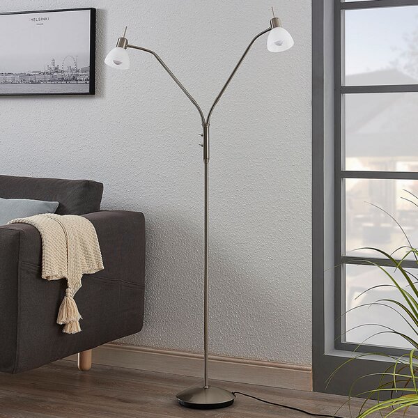 Lindby podna lampa Gwendolin, 160 cm, boja nikla, 2 žarulje., Metalik, Dnevni boravak/blagovaonica, Metal, Stanite zračeći prema dolje