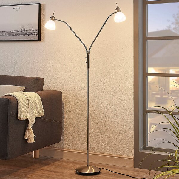 Lindby podna lampa Gwendolin, 160 cm, boja nikla, 2 žarulje., Metalik, Dnevni boravak/blagovaonica, Metal, Stanite zračeći prema dolje