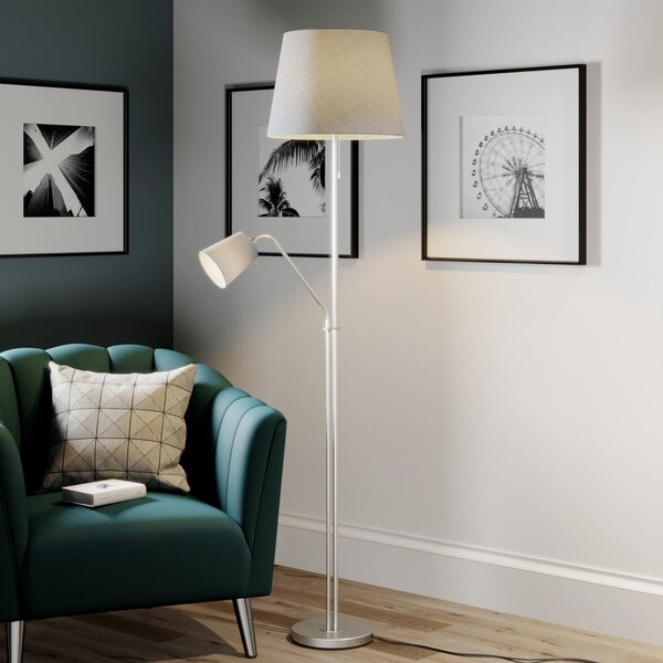 Lindby podna lampa Nantwin, 175 cm, siva, nikal, tekstil, Sivo, Dnevni boravak/blagovaonica, Tkanina / tekstil, Svjetlo za čitanje
