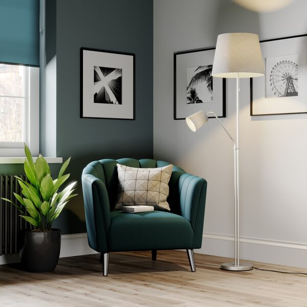 Lindby podna lampa Nantwin, 175 cm, siva, nikal, tekstil, Sivo, Dnevni boravak/blagovaonica, Tkanina / tekstil, Svjetlo za čitanje