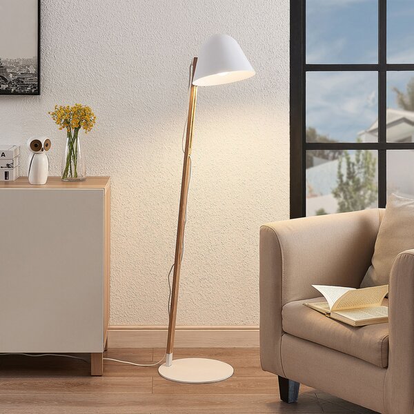 Lindby Tetja podna lampa s drvenim stupom, bijela, Drvo, Dnevni boravak/blagovaonica, Metal