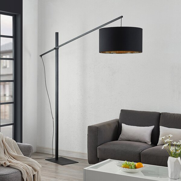 Arcchio lučna podna lampa Mossa, 200 cm, crno-zlatna, tekstil, Crno, Dnevni boravak/blagovaonica, Metal