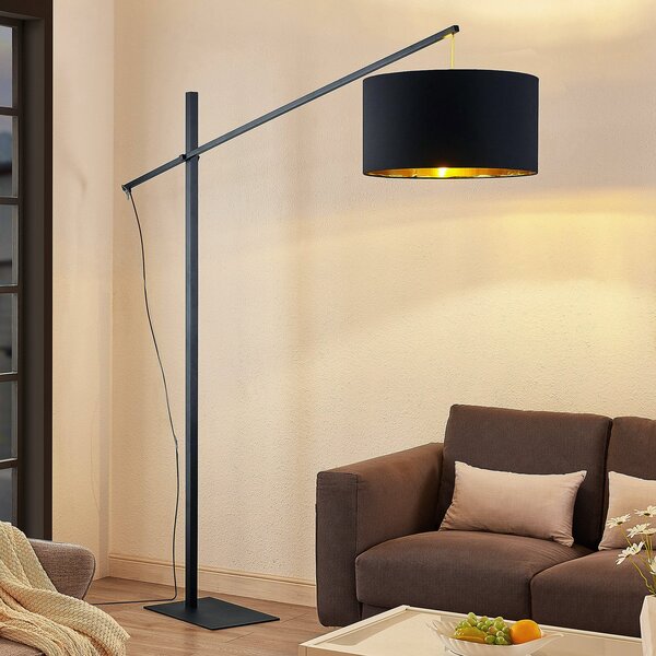 Arcchio lučna podna lampa Mossa, 200 cm, crno-zlatna, tekstil, Crno, Dnevni boravak/blagovaonica, Metal
