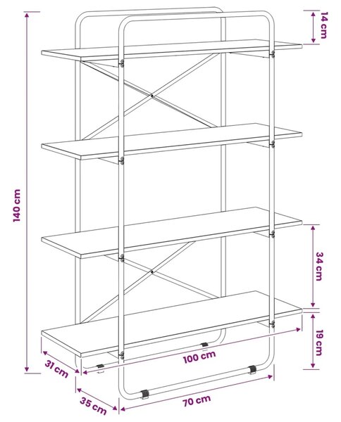 Polica 4 razina 100 x 35 x 140 cm PB Dimljeni hrast - Dimljeni hrast 100 x 35 x 140 cm
