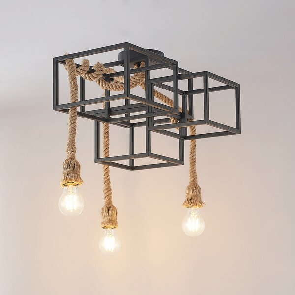 Lucande Plafonjera Andrik, 44 cm, 3 žarulje, uže od konoplje, metal, prigušiva, Crno, Dnevni boravak/blagovaonica, Metal