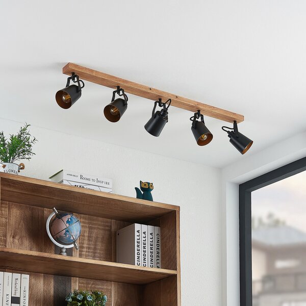 Lindby stropni reflektor Kimban, 5 žarulja, 106 cm, drvo, metal, prigušiva, Drvo, Dnevni boravak/blagovaonica, Drvo