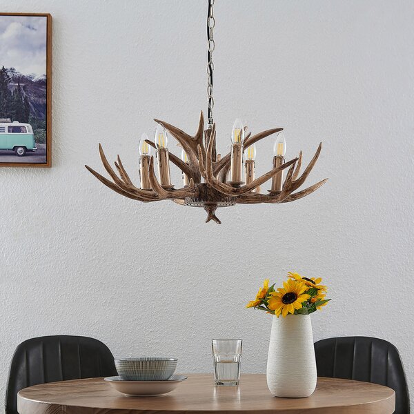 Lindby viseća lampa Tejask, Ø 70 cm, 6 žarulja, rog, E14, prigušiva, Smeđa / hrđa, Dnevni boravak/blagovaonica, Plastika, luster